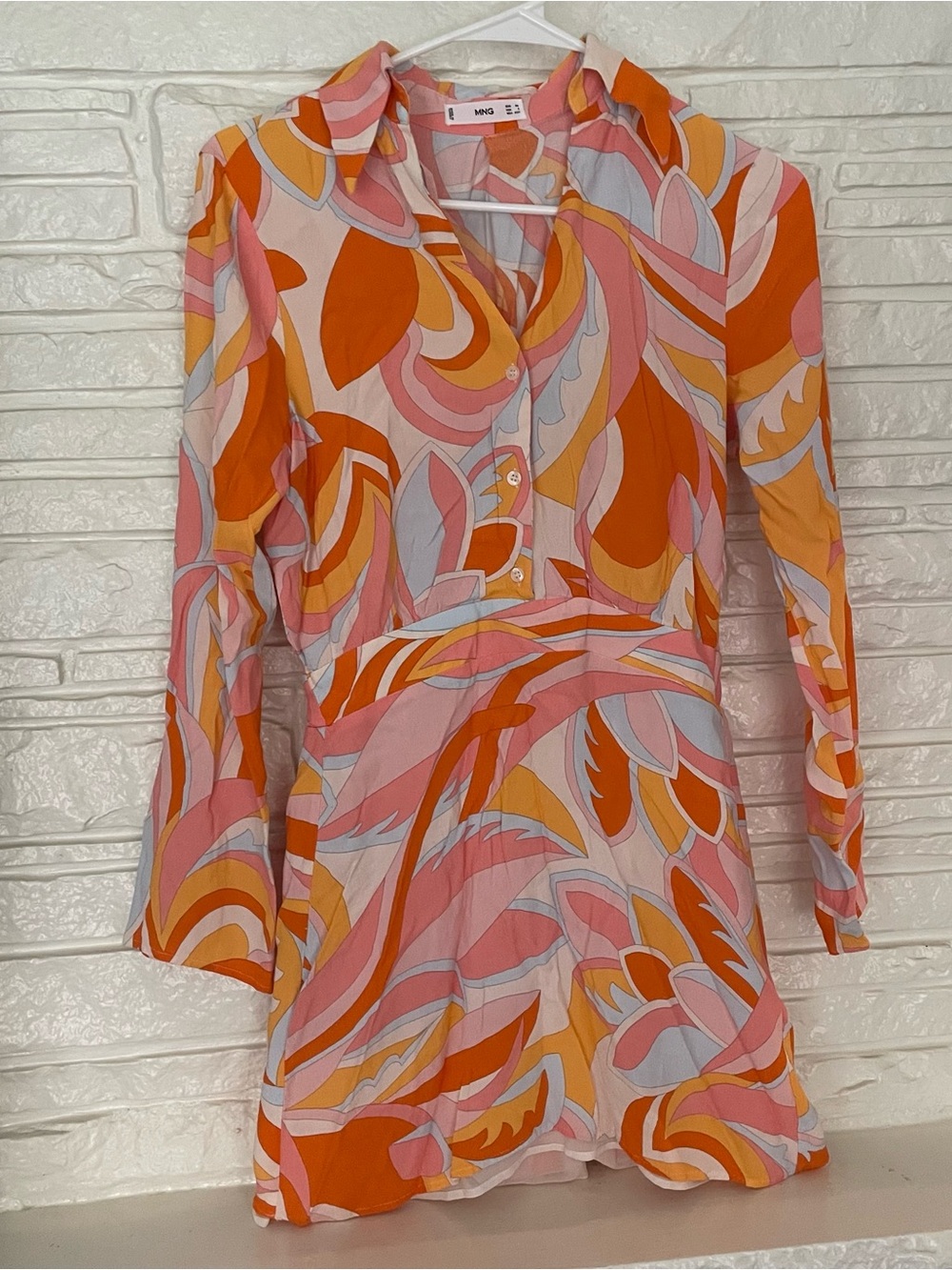 Mango 70s style Pink & Orange Abstract Floral Mini Dress long sleeves